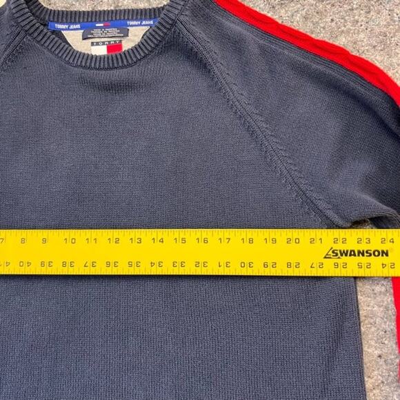 Tommy Jeans Sweater Mens Large Knit Blue Single White Red Striped on Sides Y2K - Picture 6 of 8